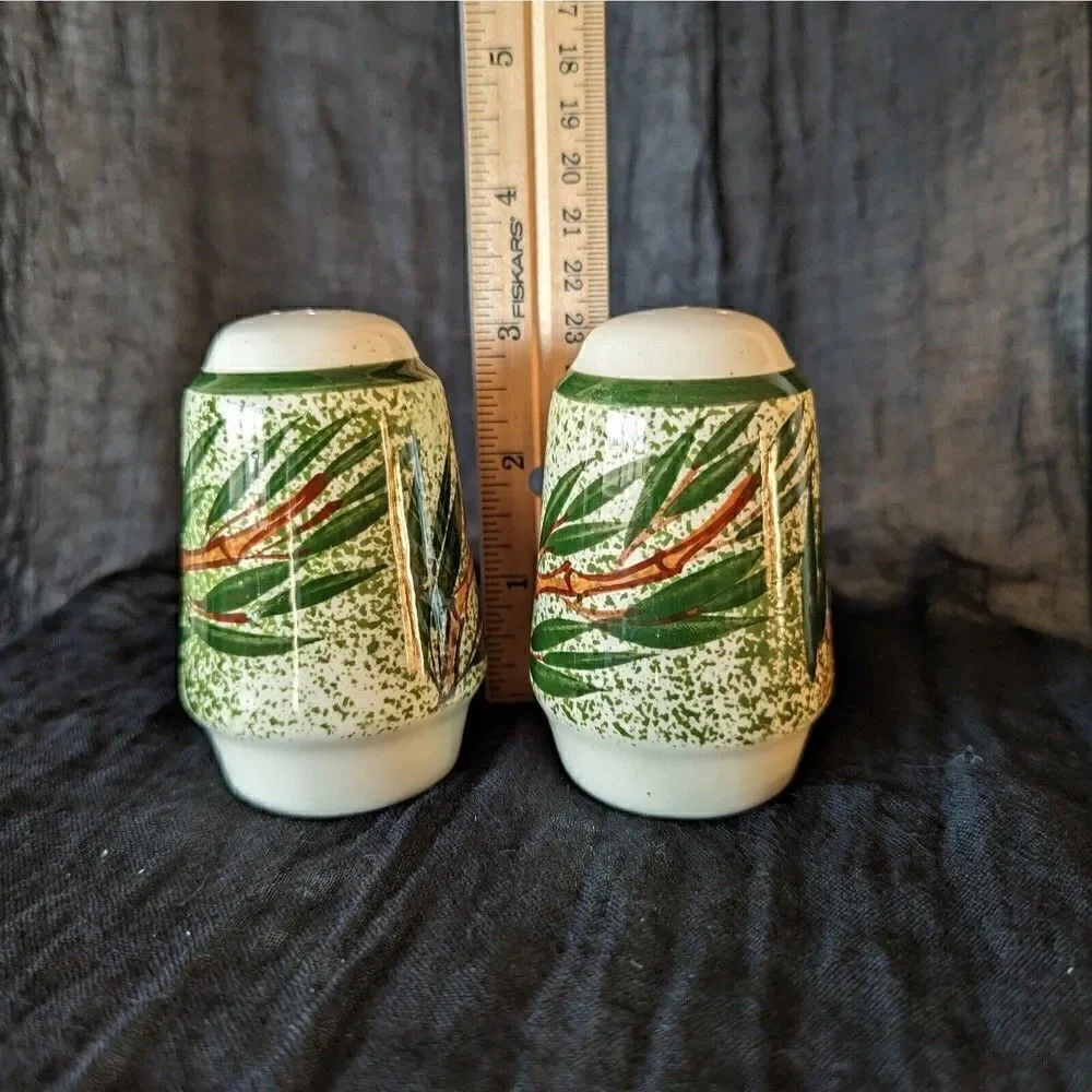 Vintage Bamboo Salt And Pepper Shakers Set Ceramic Hand Painted